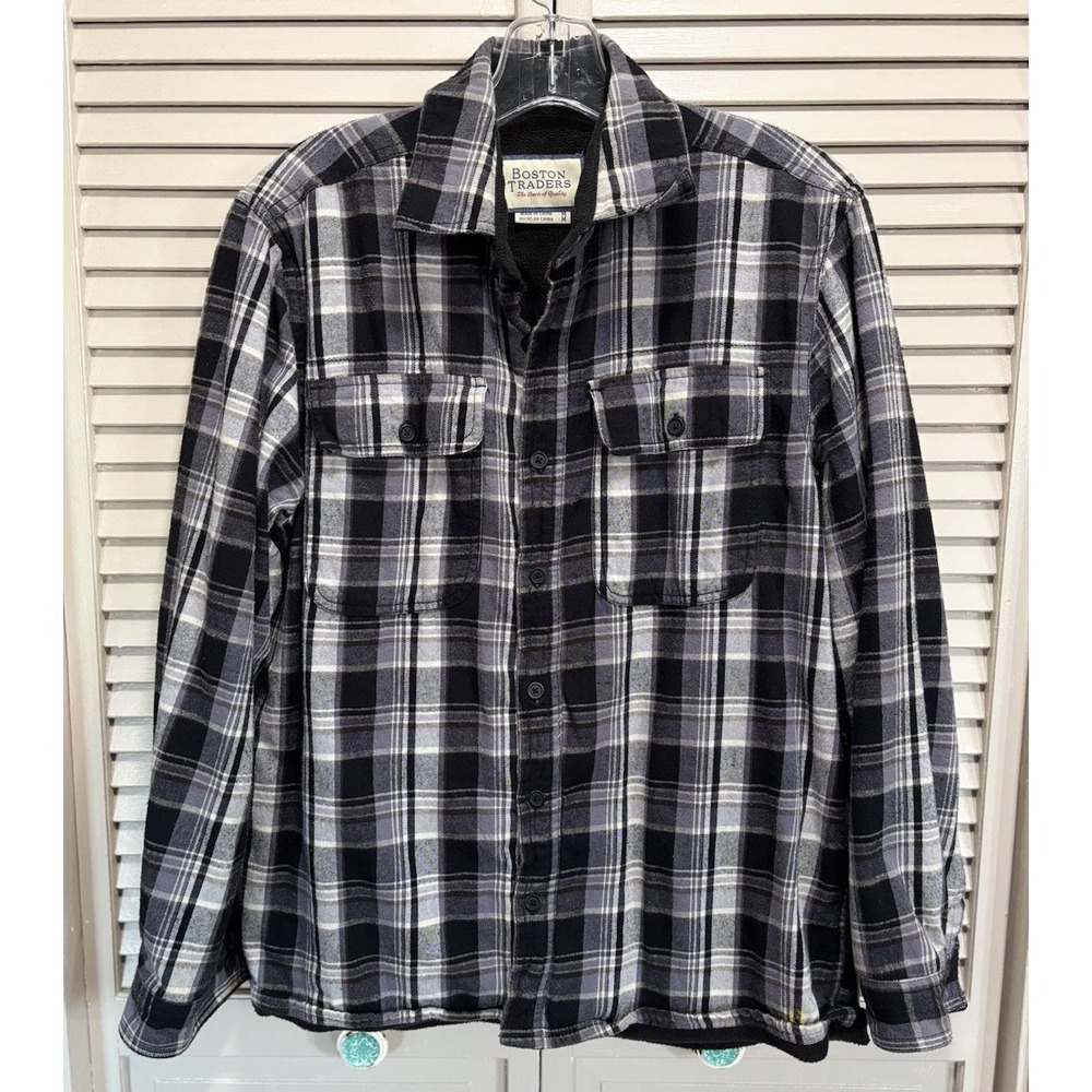 Boston Traders Blk/Gray Plaid Flannel Sherpa Lined Jacket Button Up Sz M Pockets
